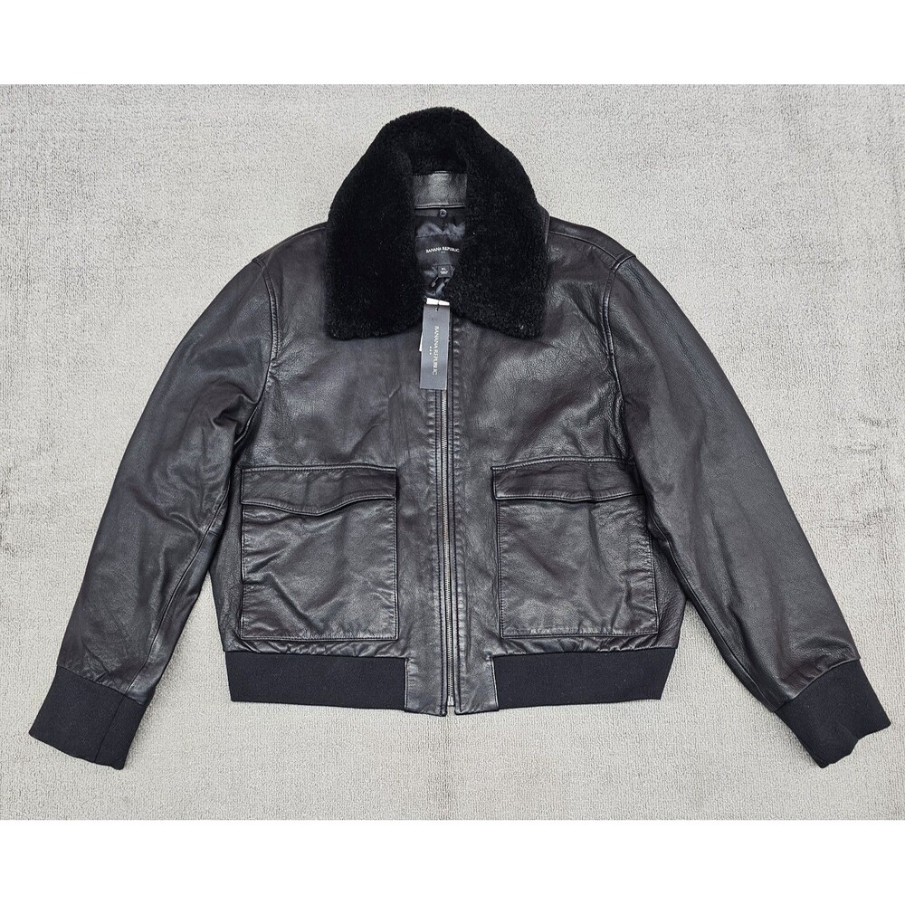 Banana Republic Leather Bomber Jacket Wm XL Black Shearling Detachable Collar